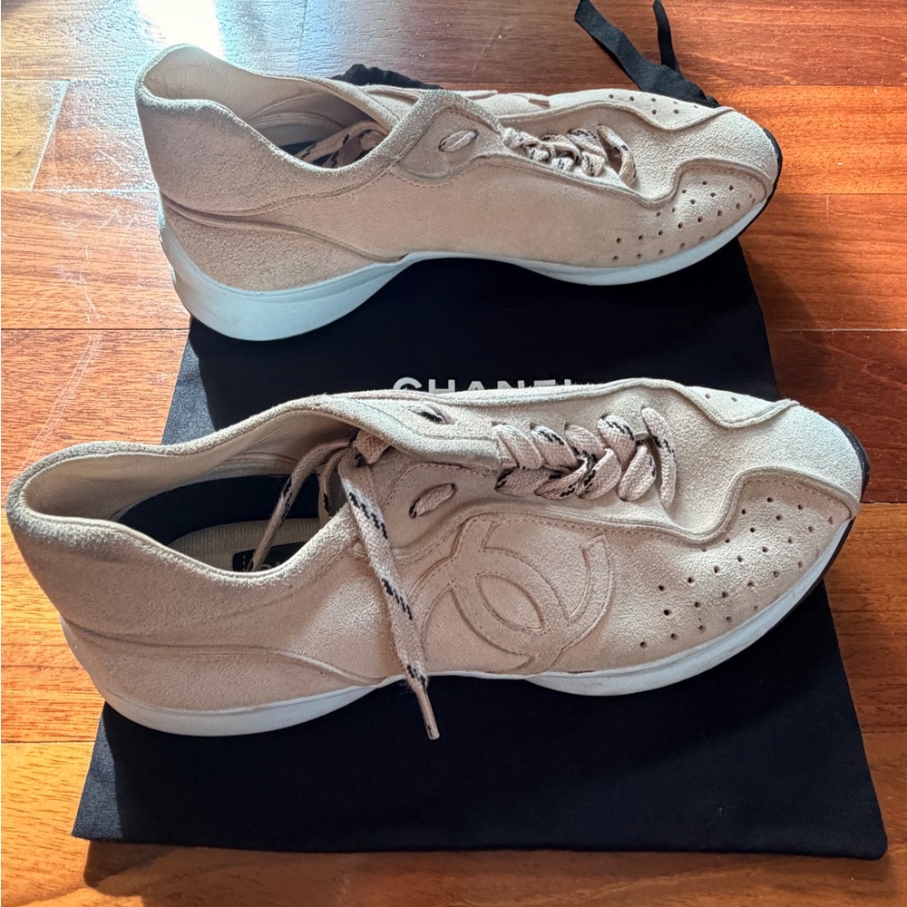 CHANEL Light Tan Suede Sneakers